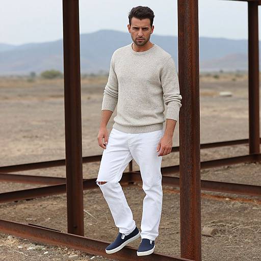 Photograph of a handsome man with short dark hair, wearing a white sweater, white pants, and navy sneakers, standing on a deserted, rusty train