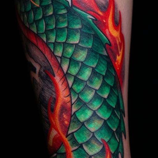 Vibrant tattoo of green, scale-like fish scales with bold red flames, detailed shading, and vivid colors on a human arm. Photorealistic