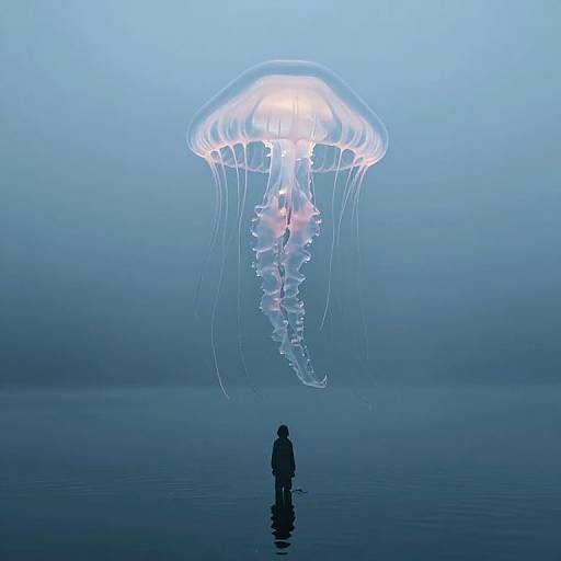 Silhouette of a person standing on calm water, facing glowing jellyfish with translucent, luminous dome and trailing tentacles, in a misty,