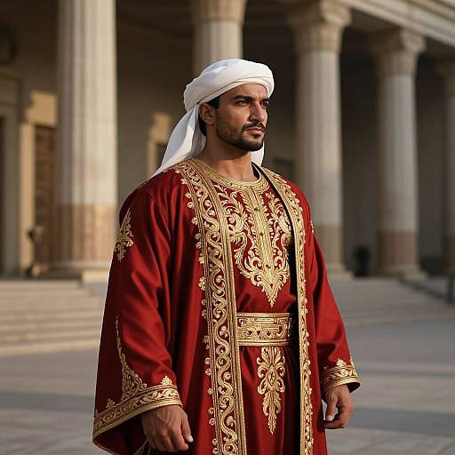 Photograph of a Middle Eastern man in an ornate red traditional robe with gold embroidery, white headscarf, standing in a colonnaded courtyard