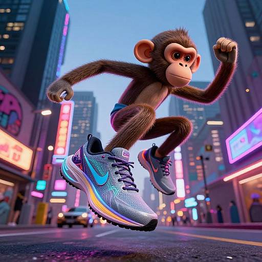 CGI image of a running cartoon monkey in futuristic sneakers, jumping on a neon-lit city street at dusk.