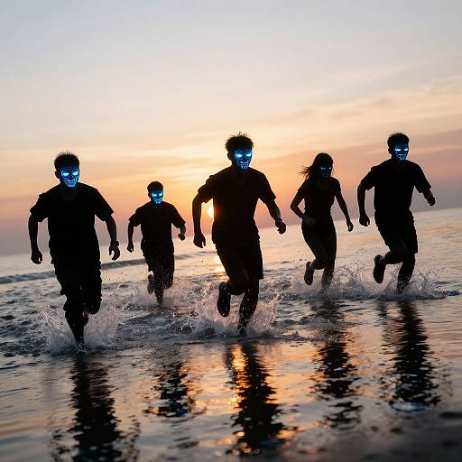 Photograph of five silhouetted runners with glowing blue face masks, splashing through shallow ocean water at sunset, reflecting orange and pink sky.