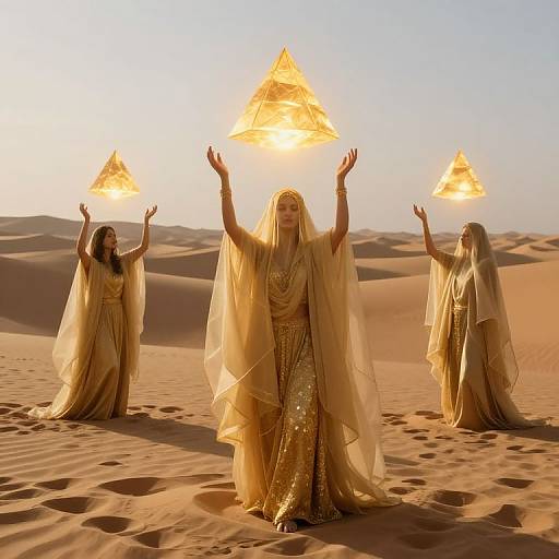 Ethereal Figures with Luminous Pyramids
