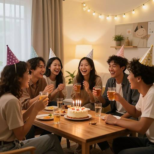 Photograph of six laughing Asian friends celebrating a birthday around a wooden table with a candle-lit cake, holding glasses of beer. String lights and party