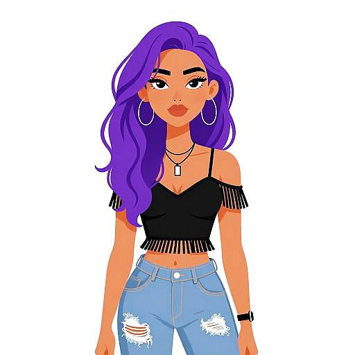 Stylish Woman with Purple Hair in Boho Outfit