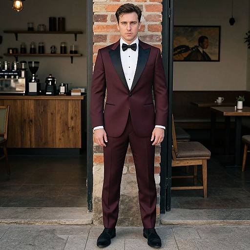 Photograph of a handsome Caucasian man in a dark burgundy tuxedo with black bow tie, standing in a rustic café doorway.