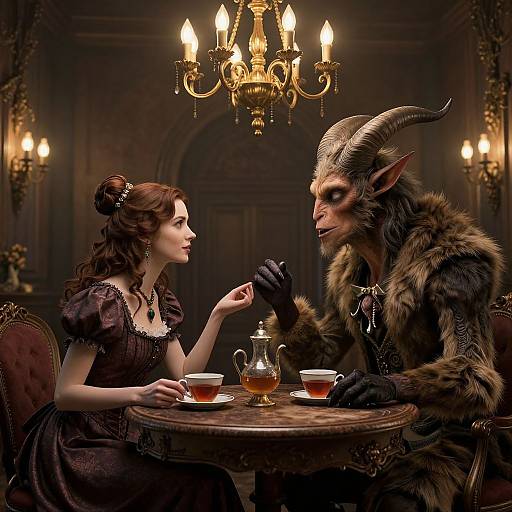 Digital art: Elegant woman in Victorian dress sits opposite horned, furry demon in opulent room, sipping tea under chandelier, glass teapot