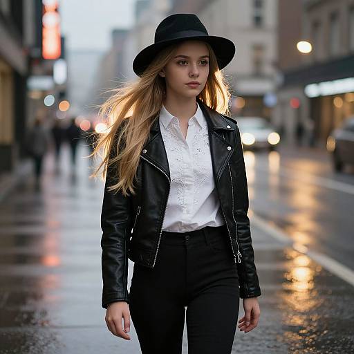 Photograph of a blonde woman in a black leather jacket, white blouse, black pants, and black hat walking on a rainy city street with blurred lights