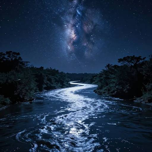 Photograph of a moonlit river under a starry night sky with the Milky Way visible, surrounded by dark, silhouetted trees.