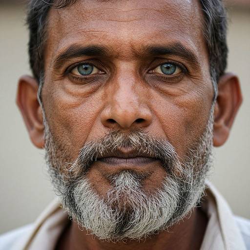 Close-up photograph of a middle-aged man with weathered skin, gray beard, and intense blue eyes, wearing a white shirt, against a blurred background