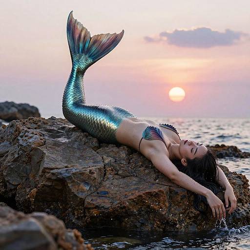 Photograph of a mermaid with shimmering green-blue scales, lying on rocky shore, arms stretched out, sunset in background, ocean waves.