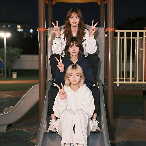 Three women on playground slide at night