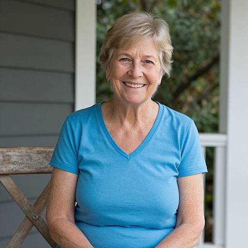 Photograph of a smiling elderly woman with short gray hair, wearing a blue V-neck shirt, sitting on a wooden chair on a porch. Background includes