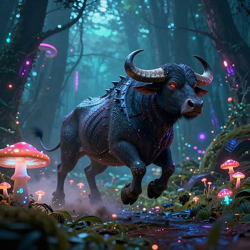 Cyberpunk Buffalo-Dragon Hybrid in Neon Forest