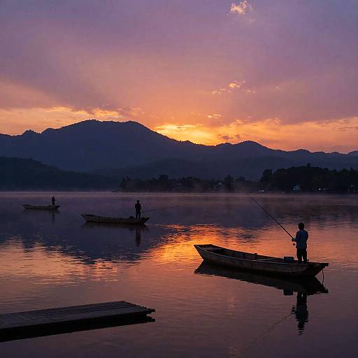 Serene Lakeside Sunset with Fishing Boats