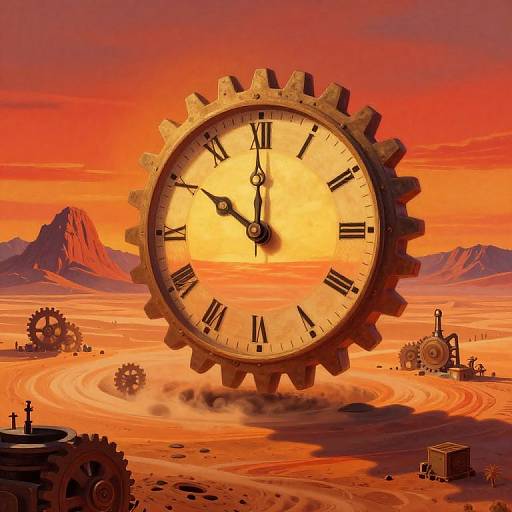 Giant, gear-shaped clock floating in a desert with orange sky, gears, and machinery. Sun illuminates clock face, mountains in background. Ste