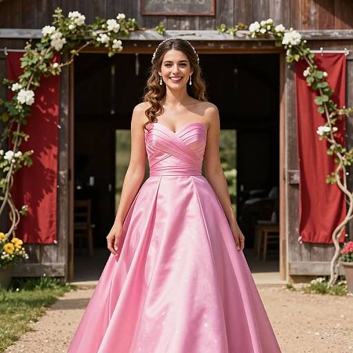 Photograph of a smiling brunette woman in a strapless pink ball gown, standing in front of a rustic wooden barn with red curtains and floral arches
