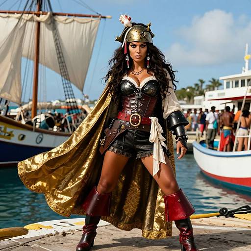 Photograph of a confident, dark-haired woman in a pirate costume with gold cape, black corset, and boots, standing on a dock with sail