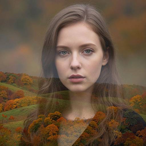 Digital artwork of a young woman with pale skin and brown hair, centered against a blurred autumn forest background. Her expression is neutral, with soft, natural
