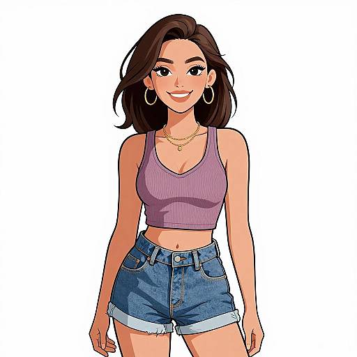 Digital illustration of a smiling woman with medium-length brown hair, wearing a purple crop top, blue denim shorts, hoop earrings, and a gold necklace,