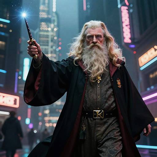 Photograph of an elderly wizard with long white hair and beard, wearing a black robe, pointing a glowing wand in a neon-lit, futuristic city