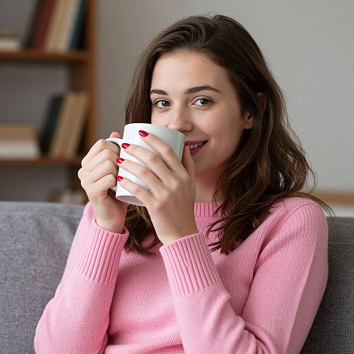 Photograph of a smiling young woman with brown hair, wearing a pink sweater, holding a white mug with red nails, sitting on a gray couch in