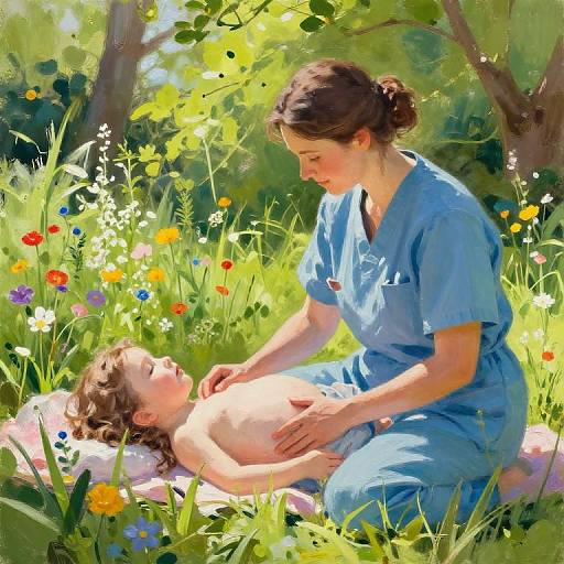 Digital painting of a serene forest meadow where a caring woman in blue scrubs gently touches the chest of a young, naked child lying on a pink
