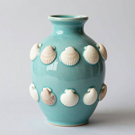 Photograph of a glossy, teal ceramic vase adorned with evenly spaced, white and beige seashell embellishments on a white background.