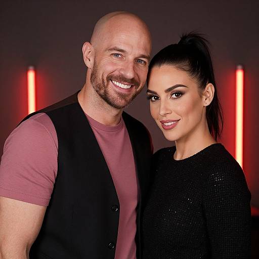 Photograph of a smiling bald man with a beard in a maroon shirt and black vest, standing next to a woman with dark hair in a pony