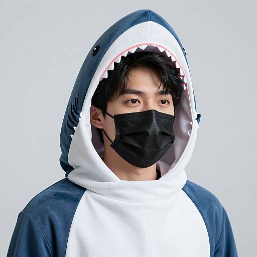Photograph of an Asian man with short black hair, wearing a black face mask and a shark-themed hoodie with a white open mouth, standing against a