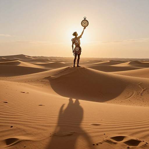 Silhouetted figure holding sign in sunlit desert, casting long shadow on rippled sand dunes; golden sunset backdrop, serene atmosphere.