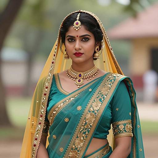 Indian Woman in Traditional Teal Saree with Gold Embroidery