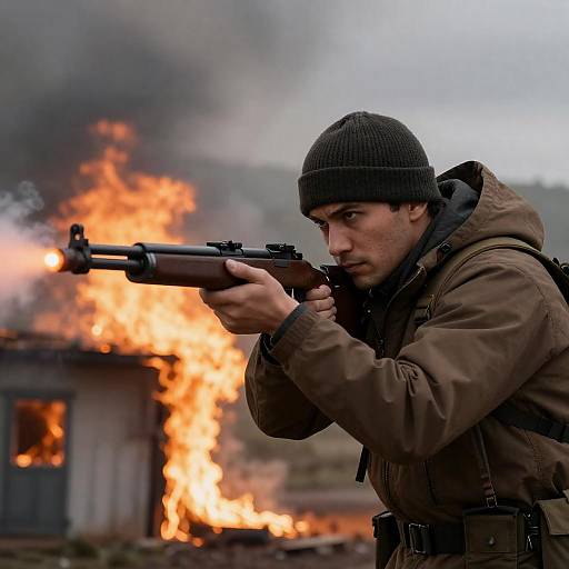 Hooded Sniper Aiming at Burning Building
