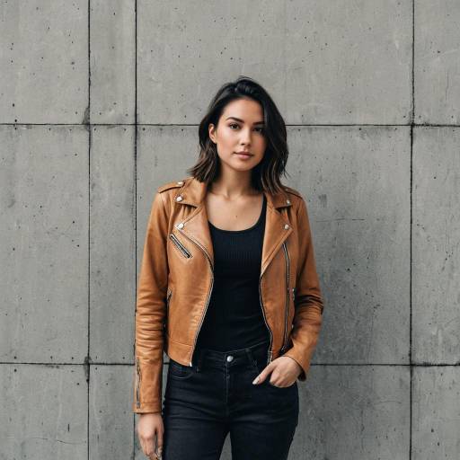 Young Woman in Tan Leather Jacket Against Concrete Wall