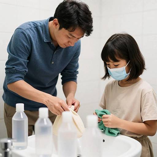 Father and Daughter Cleaning in Bathroom