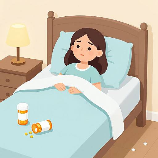 Digital illustration of a sad woman with black hair, lying in a wooden bed with light blue sheets and pillow, surrounded by spilled medicine on the floor and