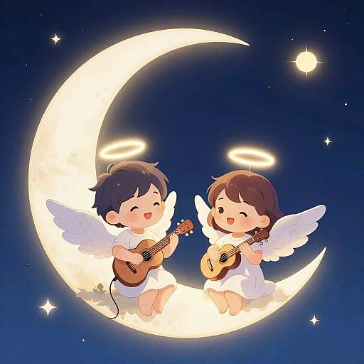 Anime-style illustration of two cherubic children with halos, white wings, and brown hair, playing guitars on a glowing crescent moon against a star