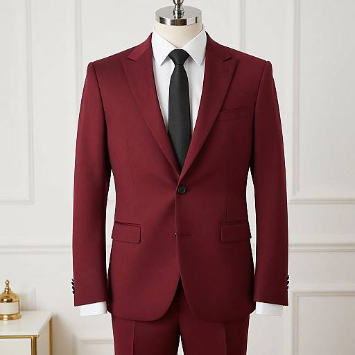 Photograph of a headless mannequin wearing a dark red suit, white shirt, and black tie, displayed against a white-paneled background.