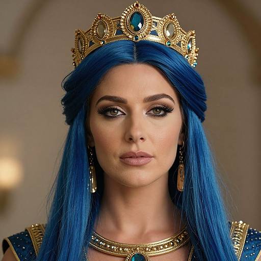 Photograph of a regal woman with vibrant blue hair, wearing a gold crown with a blue gem, and an ornate blue and gold robe,
