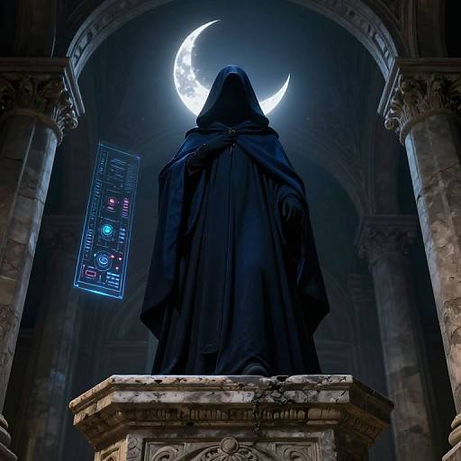 Mysterious hooded figure in dark cloak, illuminated by glowing crescent moon, stands on stone pedestal within Gothic archway, digital art.