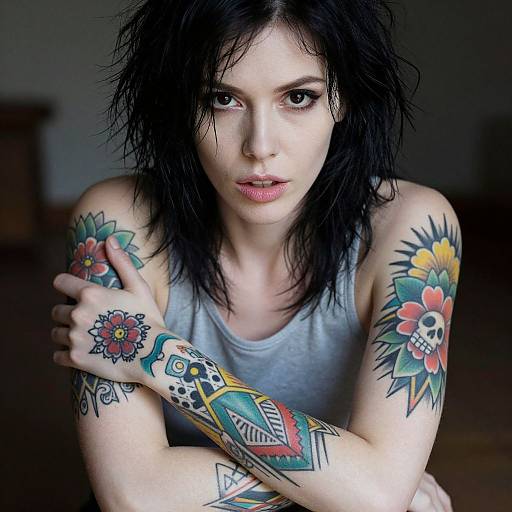 Photograph of a pale-skinned woman with black, messy hair, wearing a gray tank top, showcasing colorful, detailed tattoos on her arms and chest