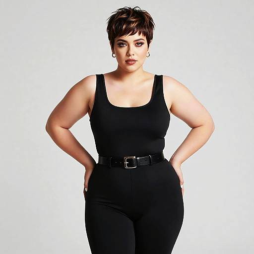 Photograph of a confident, short-haired woman with light skin wearing a black sleeveless tank top and black pants, hands in pockets, white background.