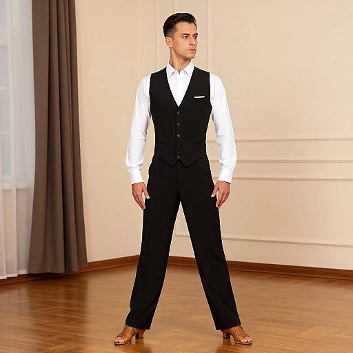 Photograph of a young man with short dark hair, standing confidently in a bright room. He wears a white shirt, black vest, and pants,