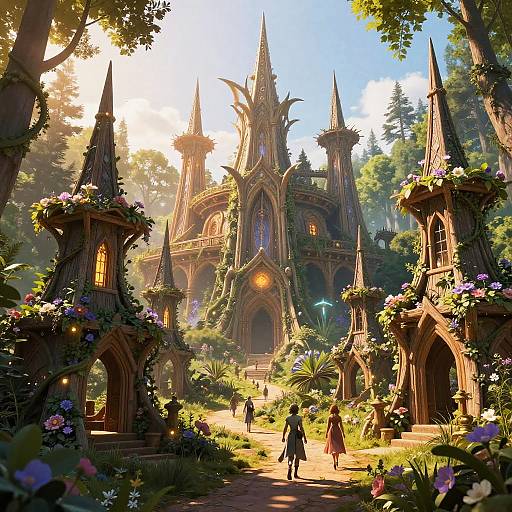 Fantastical, sunlit medieval castle with spires, surrounded by lush gardens and flower-adorned towers, illuminated by warm, golden light.