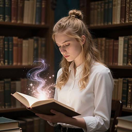 Photograph of a blonde woman in a white blouse, reading a glowing book with magical sparks, standing in a dimly lit library.