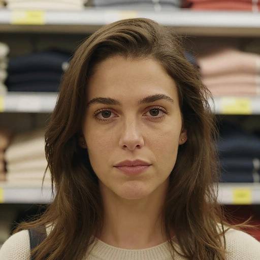 Photograph of a young woman with long brown hair, fair skin, and brown eyes, standing in front of a blurred store shelf with folded clothes.