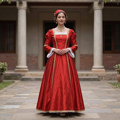 Photograph of a smiling woman in a vibrant red Renaissance-style dress with gold trim, white lace cuffs, and a red hat, standing in front of