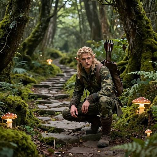Photograph of a blonde, elf-like man with pointed ears, crouching in a mossy forest path, wearing camouflage, quiver with arrows