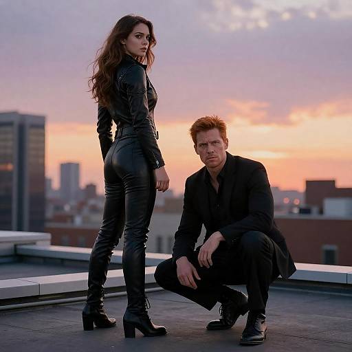 Dynamic Superheroes on Rooftop at Sunset