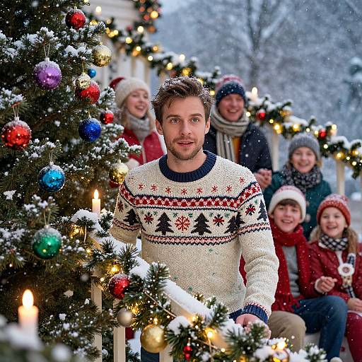 Photograph of a smiling man in a white Christmas sweater with red and black patterns, standing between two decorated, snowy Christmas trees, with a group of
